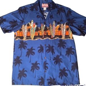 RJC blue Hawaiian surf palm tree short sleeve button down shirt chest pocket